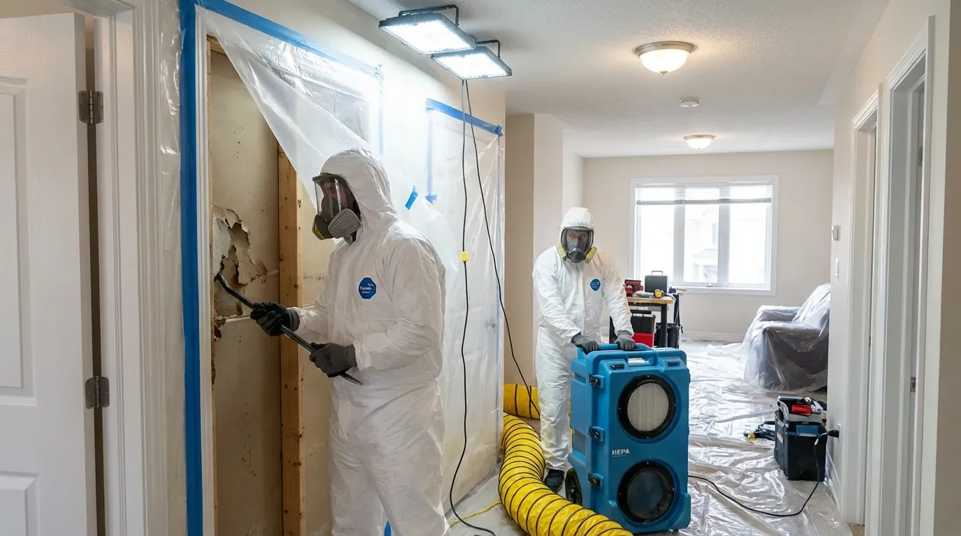 Mold remediation team working inside a contained room with air-control equipment