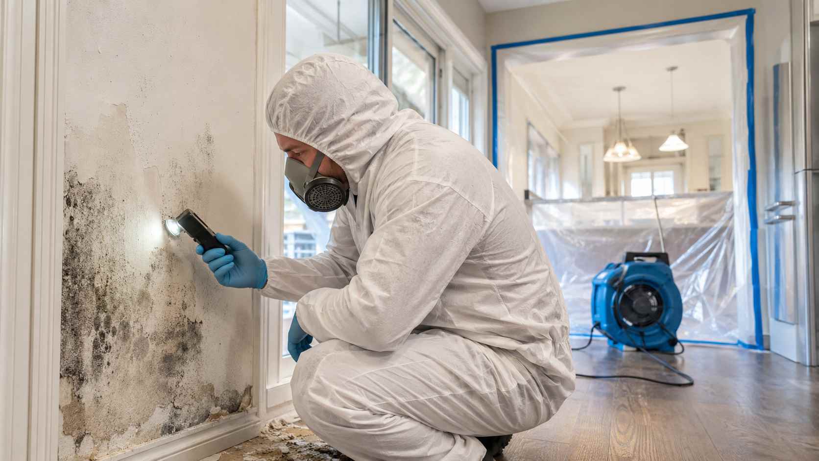 Mold remediation technician inspecting visible growth inside a protected work area